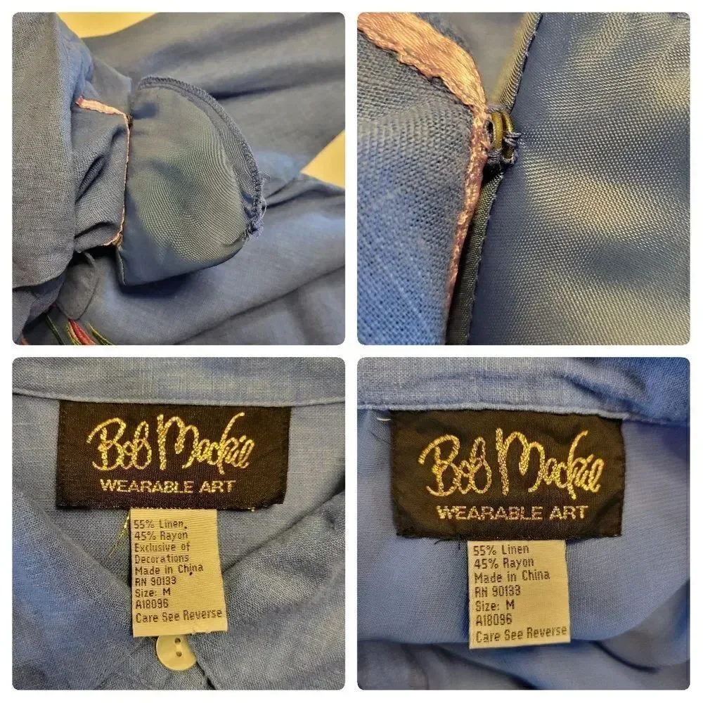 Bob Mackie Linen Blend Vintage Blue Embroidered Top and Matching Cropped Pants